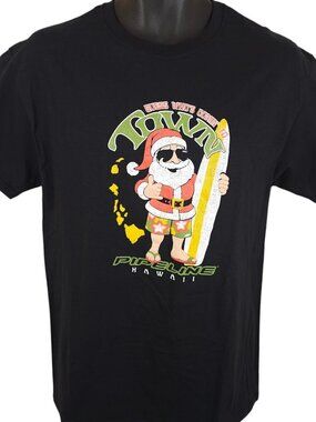 Surfing Santa T Shirt Mens Size Medium Black Pipeline Hawaii Surfer Christmas